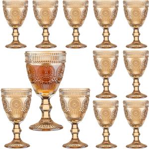 12 Pcs Vintage Wine Glasses, 10 Oz Colored Glass Water Goblets, Unique Flower Embossed Pattern High Clear Stemmed Glassware Wedding Party Bar Glass Drinking Cups Flower Amber Fancy Glasses Set of 12