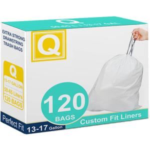 Code Q Custom Fit Liners 120 Count 13-17 Gallon 50-65 Liter Drawstring White Trash Bags Reliable1st Compatible with simpleman Code Q Tear & Leak Resistant Heavy Duty Plastic Garbage Can Liners
