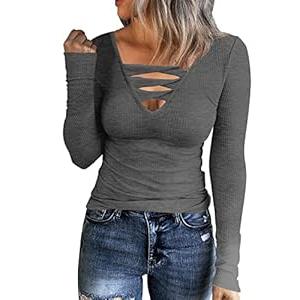 Women Casual Long Sleeve Tunic Tops V-Neck T Shirts Criss Cross Ribbed Casual Tee Slim Fitted Fall Blouse (X-Large, Dark Grey)