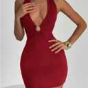 Milumia Women's Metal Ring Deep V Neck Halter Mini Dress Sexy Blackless Bodycon Party Club Short Dresses Burgundy, Large