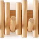 Wooden Wall mounted wood coat rack | 15 inches long , 6.5" high, with 5 Flip-Down Hooks | Modern Natural Pine Wood Finish | Decorative Hanging Storage Wall Hooks for Entryway or Bedroom