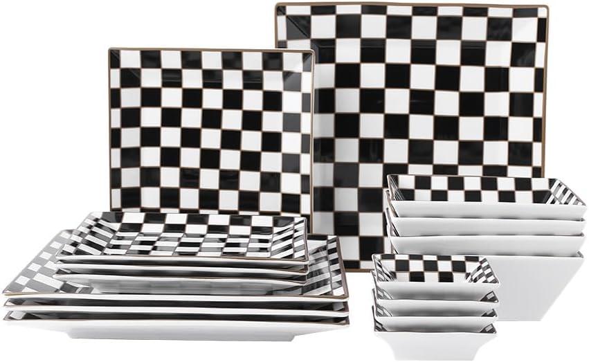 Porlien Checker Porcelain Square Dinnerware Set for 4, Dishes Set for 4 with 3.3-inch Dipping Saucers, Black and White Plates and Bowls Set