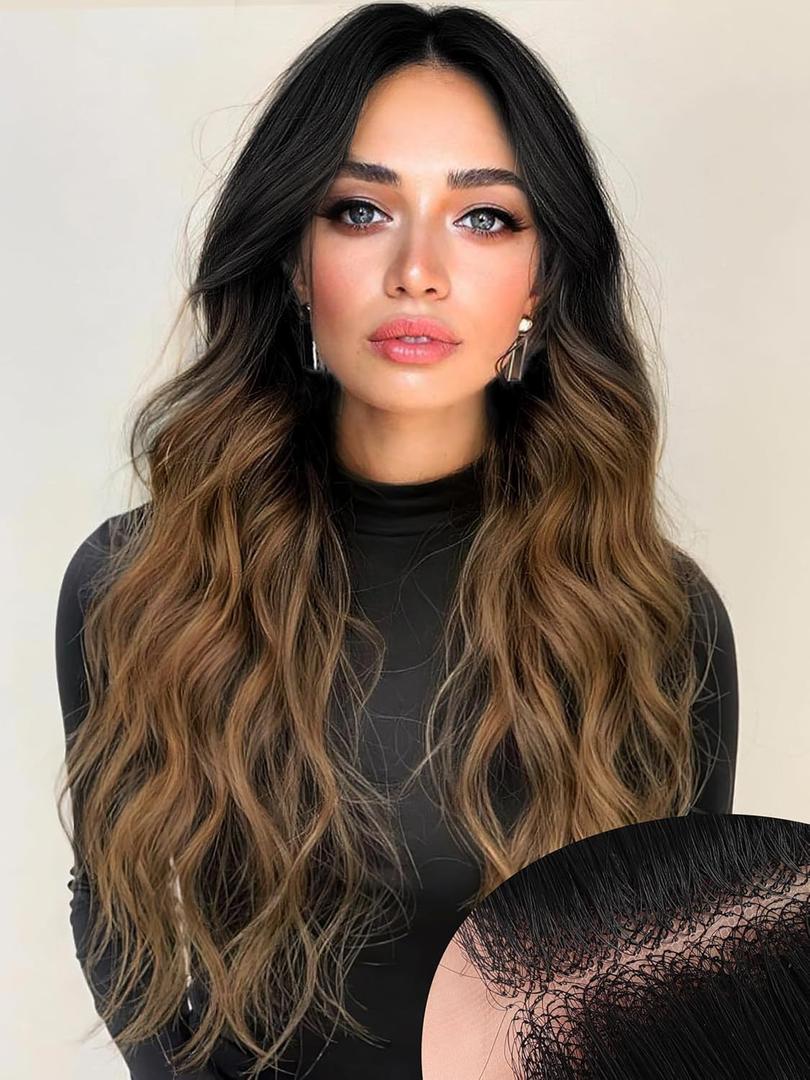 AISI HAIR Brown Wig for Women, Long Wavy Black To Brown Lace Hairline Middle Part Synthetic Heat Resistant Wig for Daily Party-26 Inch