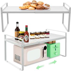 Cabinet Shelves Organizer for Kitchen 11", Expandable Shelf with Adjustable Length, Metal Countertop Organizer, Fits Pantry, Over the Sink, Spices, Microwave & Dishes Storage, White (2 Pack)