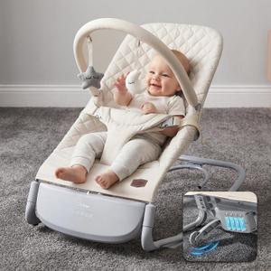 Orzbow Electric Baby Bouncer & Rocker with Innovative Auto Rocking Motion, Adaptable 3-Speed, Smart Tap Sensing, Soothing Sounds, and 3 Recline Positions, 2-in-1 Automatic Baby Rocker Chair, Beige