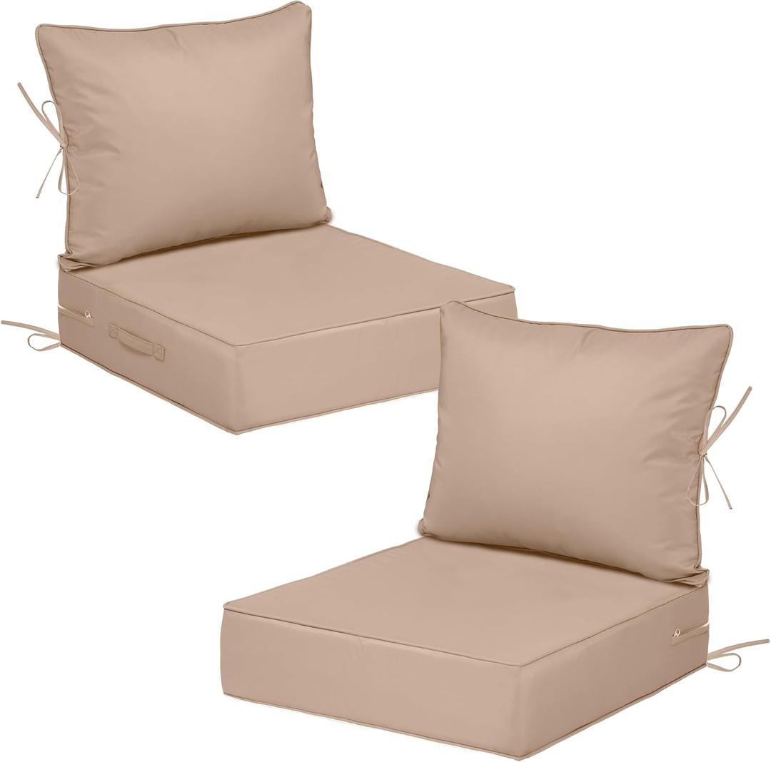 Outdoor Chair Cushions with Back, 24x24x4in, Set of 2, Khaki