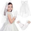 Geyoga 2 Pcs First Communion Veil and Gloves Set for Girls 1st Holy Communion Accessories for Kids Wedding Party Costume (White), One Size