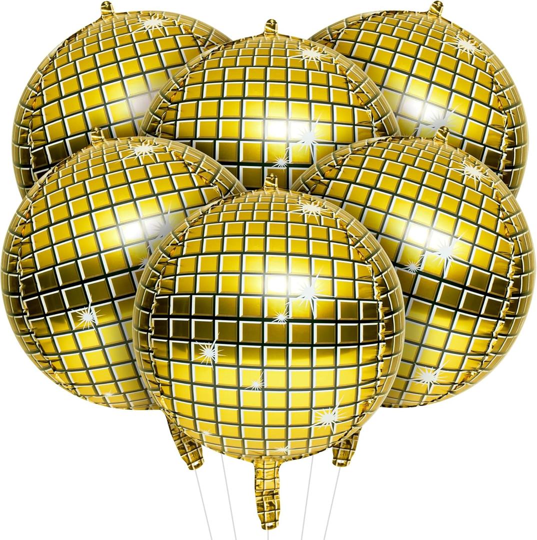 HOUSE OF PARTY 4D Gold Disco Ball Balloons - 6Pcs Mylar Foil Balloons 22 Inch for 2025 Graduation Party Decorations
