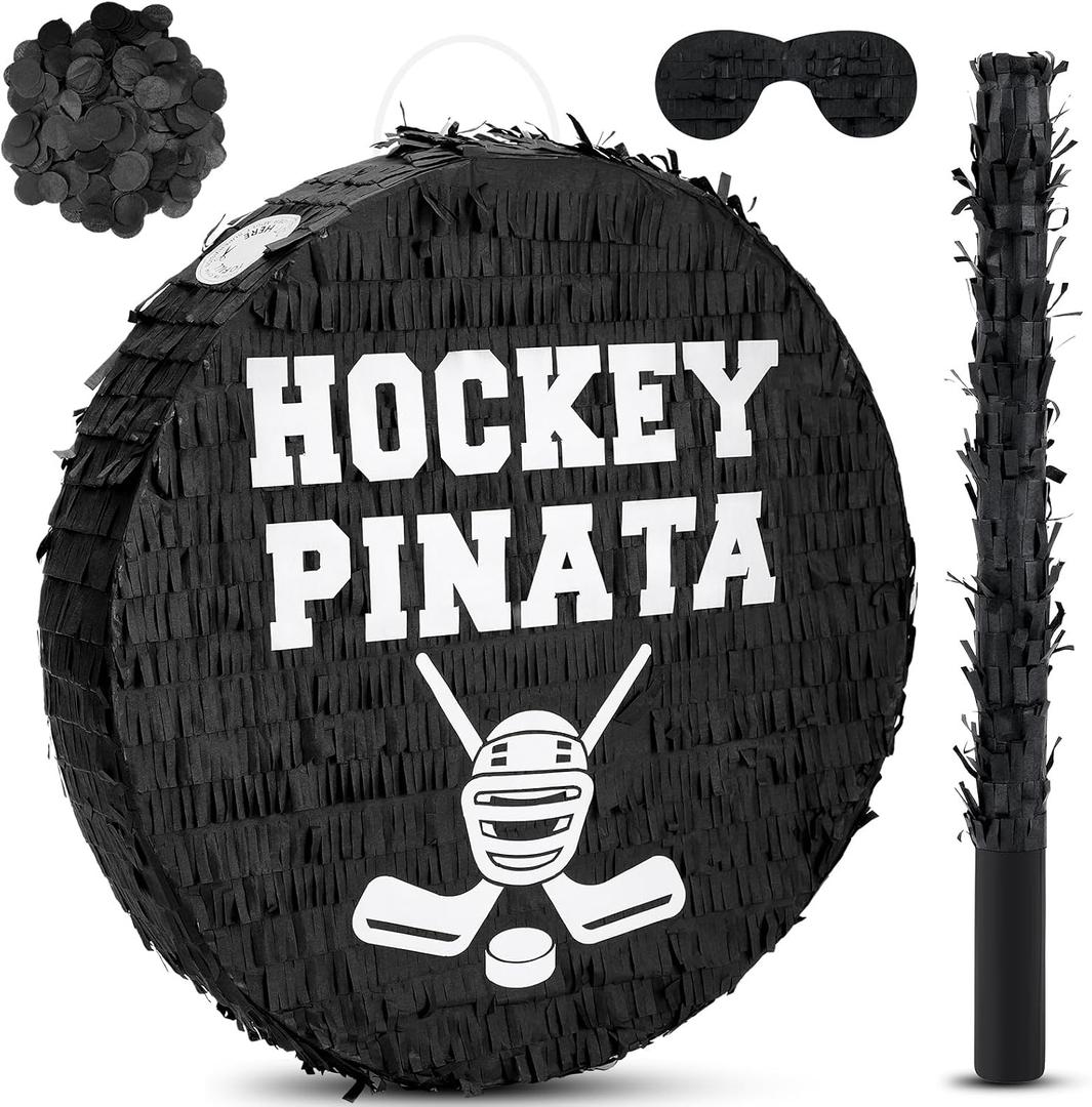 Jenaai 4 Pcs Hockey Party Favors Include 16" Hockey Piñata Bat Blindfold Piñata Stick and Confetti Bag for Hockey Theme Birthday Party Sports Party Reward Victory Celebration