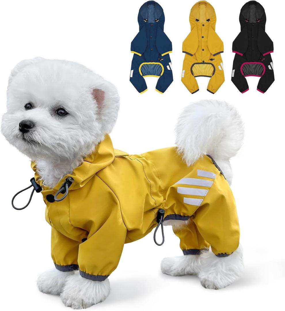 Dog Raincoat, Waterproof Dog Rain Jacket with Hood, Rain Coat with Leash Hole, Reflective Strap for Small Medium Dogs, Lightweight Puppy Clothes(Yellow,S) (S(Back Length12''))