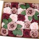 Artificial Flowers 25PCS Real Looking Blush & Dusty Rose & Burgundy Fake Roses with Stem for DIY Wedding Bouquets Centerpieces Baby Shower Party Home Decorations