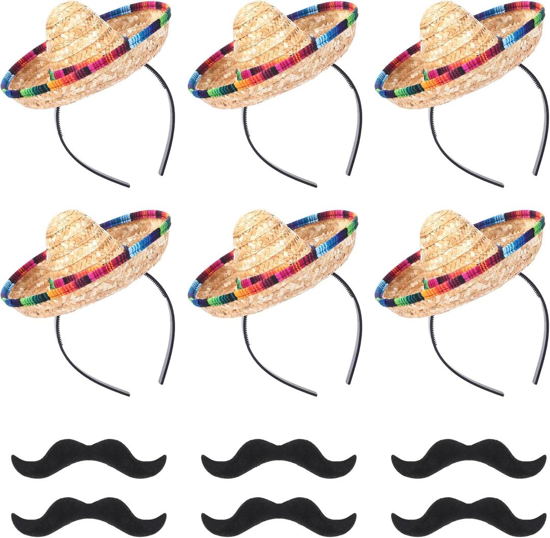 Pasimy 12 Pcs Cinco De Mayo Fiesta Sombrero Headband Hat Fake Mustache Mexican Party Favors Costume Luau Event Photo Props