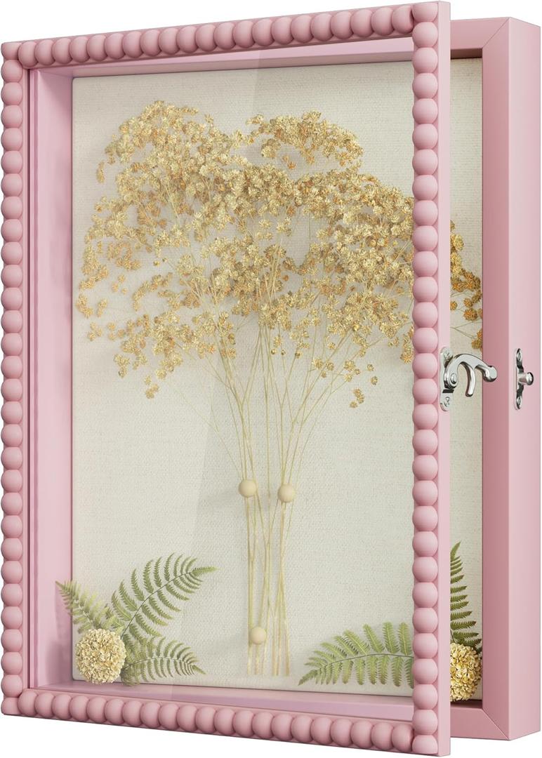 Love-KANKEI Shadow Box Frame 11x14, Deep Large Shadow Box Display Case with Unique Beads Door and Glass Window, Wood Memory Box Gift for Pictures,Medals,Memorabilia,Collections Pink