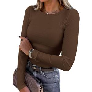 PRETTYGARDEN Women 2026 Fall Clothes Long Sleeve Shirts Ribbed Knit Fitted Basic Tee Going Out Tops Underscrub Casual Outfits (Large, Brown)