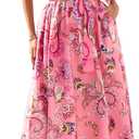 KIRUNDO Women Spring Summer Wedding Guest Boho Floral Maxi Dress Puff Sleeve Button Shirt V Neck Flowy Beach Vacation Dress(Pink, Small) (S)