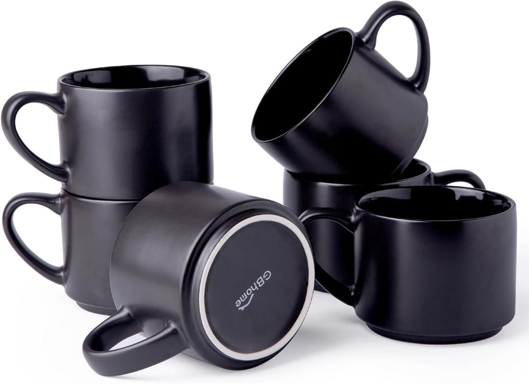 GBhome 14 OZ Coffee Mugs Set of 6, Stackable Ceramic Mugs for Men, Women, Modern Coffee Cups With Stable Base for Latte, Tea, Cappuccino. Dishwasher & Microwave Safe, Matte Black