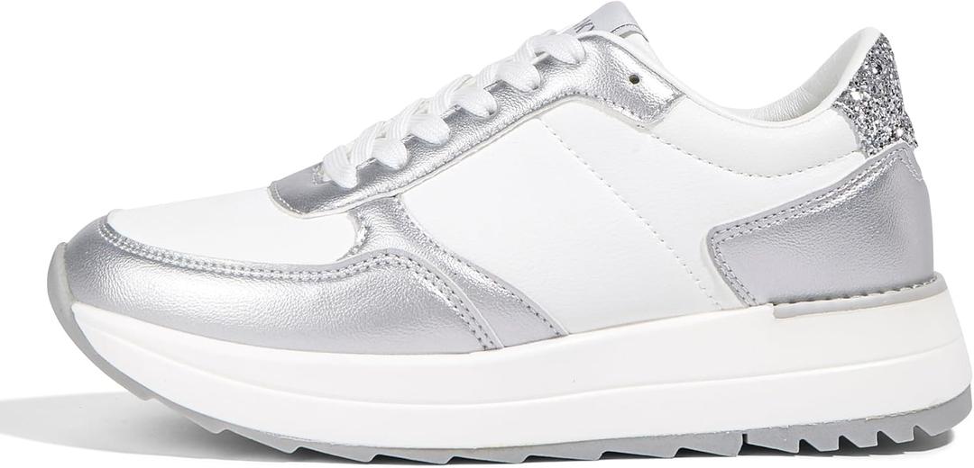 LUCKY STEP Women's Platform Fashion Sneakers Retro Neutral Classic Trainers Colorblock Casual Lace-up Stylish Tennis Chunky Walking Shoes (White Silver, 8)