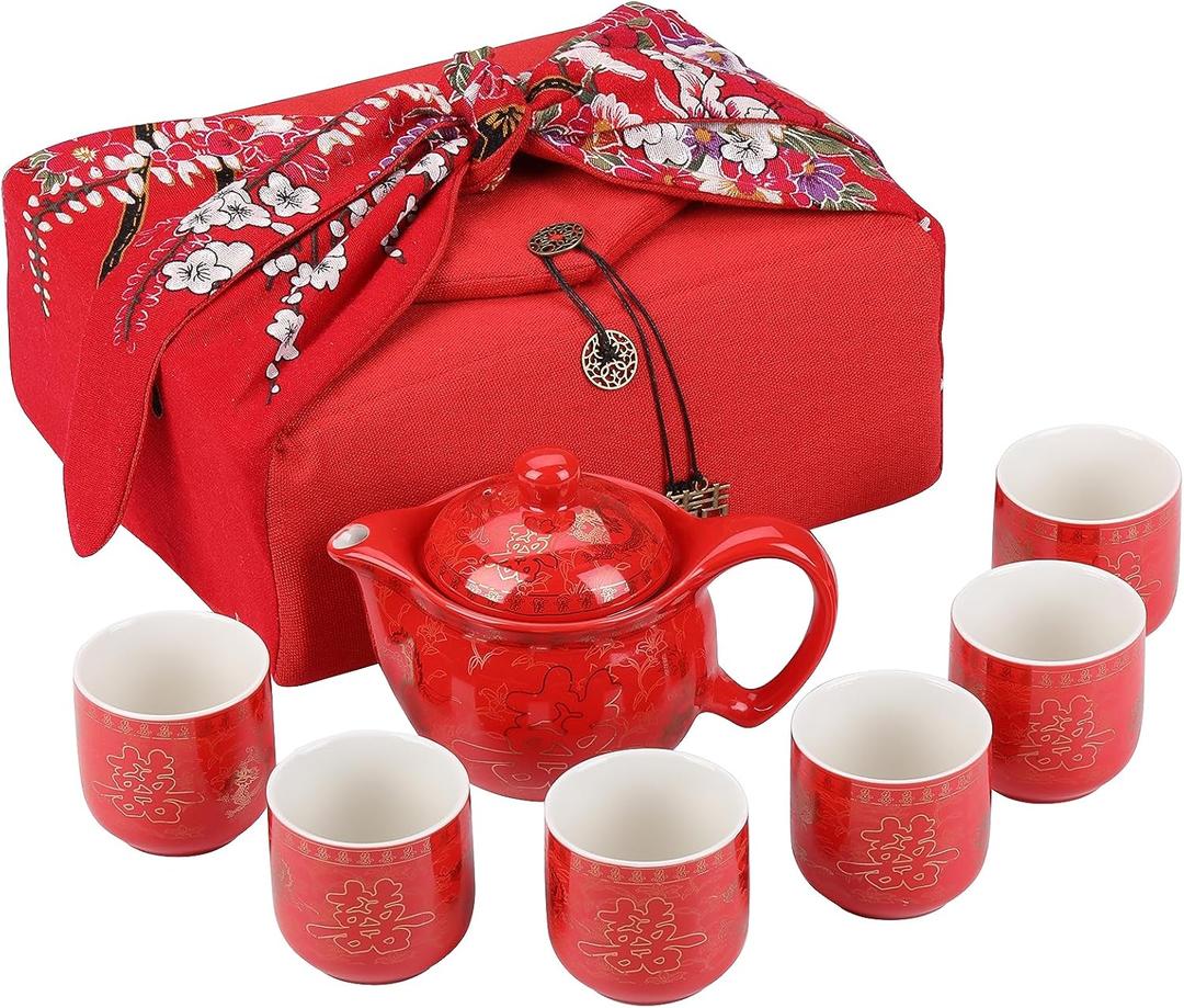Chinese Tea Set Traditional Red Ceramic with Chinese Teapot and 6 Porcelain Teacups, Asian Gongfu Style Collection for Tea Ceremony, Chinese Wedding Gift with Fabric Box