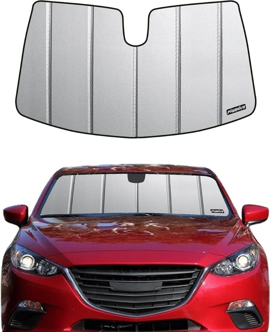 Pigenius Windshield Sunshade for Mazda 3 2014-2018 (Sedan & Hatchback), Premium Grey Leather Finish