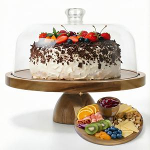 Acacia Wood Cake Stand with Lid, 12in Cake Stand with Acrylic Dome, 2-In-1 Cake Display Stand for Charcuterie Board, Chips & Dips, Fruit Platter, Wedding, Birthday, Parties