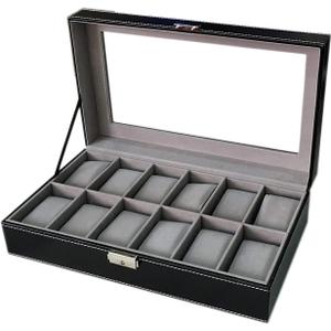 WBPU12-03 Watch Dislpay Box Organizer, Pu Leather with Glass Top, Large, Black