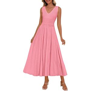 PRETTYGARDEN Summer Dresses for Women 2026 Spring Casual Sleeveless V Neck Pleated Midi Work Cocktail Wedding Guest Dress, Pink, Medium