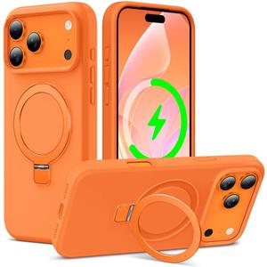 ZHK Liquid Silicone Designed for iPhone 17 Pro Max Case with Magnet Stand, [Precise Camera Lens Protection][Mil-Grade Drop Shockproof][Soft Anti-Scratch Microfiber Lining] Slim Fit Cover, Orange