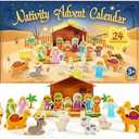Nativity Advent Calendar for Kids, 24 Day Wooden Nativity Scene for Toddlers with 19 Wooden Figurine and Stable Christian Countdown Gifts for Kids