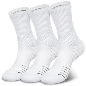 Hylaea Compression Running Socks for Men, Coolmax Anti-Blister Cushion Crew Socks for Athletic Basketball Tennis, Moisture Wicking & Seamless, Elite White Large