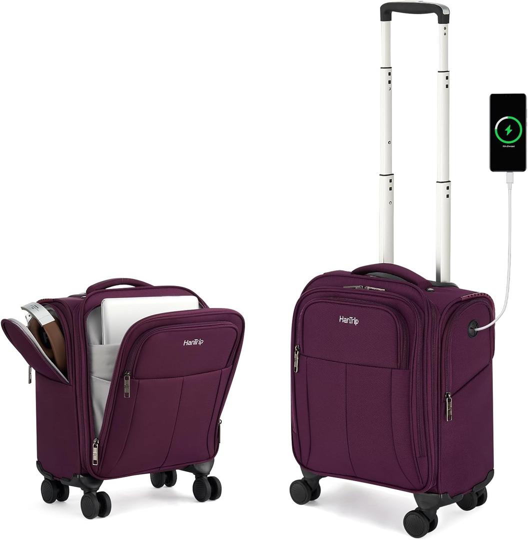 HanTrip 16 Inch Underseat Carry On Luggage with Wheels Softside Small Suitcases Personal Item Bag with Pocket Travel Luggage for Men Women Business Overnight Bag(Purple)