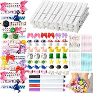 LIENATSER 60 Set Cheer Pins Spirit Clips Include 60 Wooden Colored Clothes Pins 94 Mini Resin Animals and Self Adhesive Stickers Pen for Cheerleading Backpacks Cheer Gifts Bulk (White)