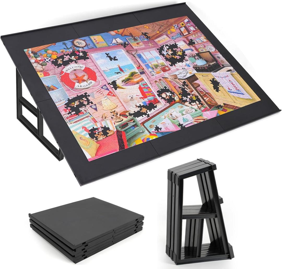 WELGEE 1000-Piecce Tilting Puzzle Board with Stand, 31 x 24 Lightweight Portable Puzzle Table for Adults & Seniors, DIY Customizable Puzzle Accessory Only 3.5 lbs (Black)