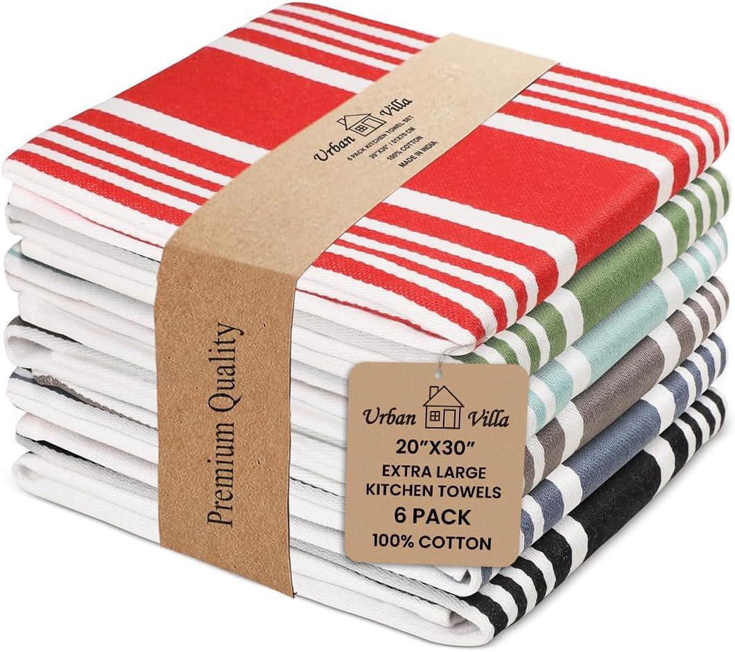 Urban Villa Kitchen Towels 100% Cotton Dish Towels for Kitchen (Set of 6)20x30 Dish Cloths Highly Absorbent Kitchen Linen Set with Hanging Loop Perfect for Drying Dishes Cleaning Towels- MultI Color