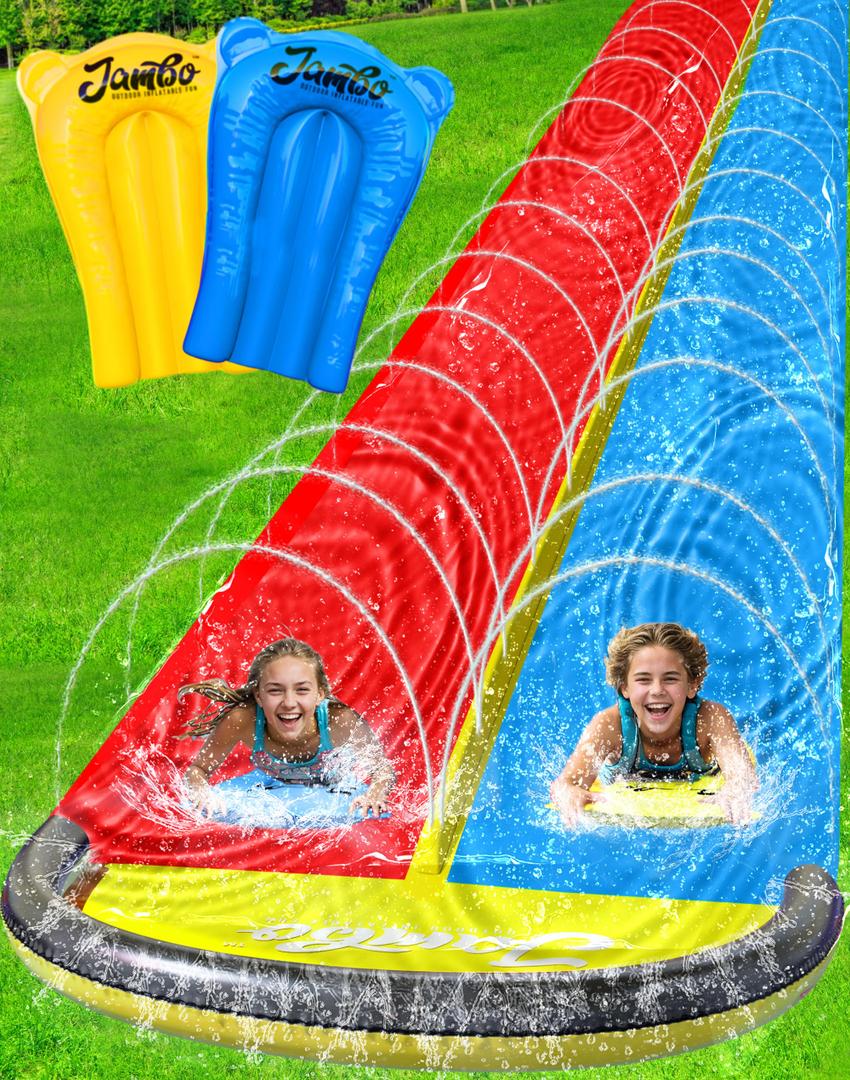JAMBO XL Premium 20Ft Slip Splash and Slide with 2 Bodyboards, Heavy Duty Water Slide with Advanced 3-Way Water Sprinkler System, Backyard Waterslide, Splash Mat, Outdoor Water Toys n Slides for Kids JAMBO XL Premium 20Ft Slip Splash and Slide with 2 Bodyboards, Heavy Duty Water Slide with Advanced 3-Way Water Sprinkler System, Backyard Waterslide, Splash Mat, Outdoor Water Toys n Slides for Kids