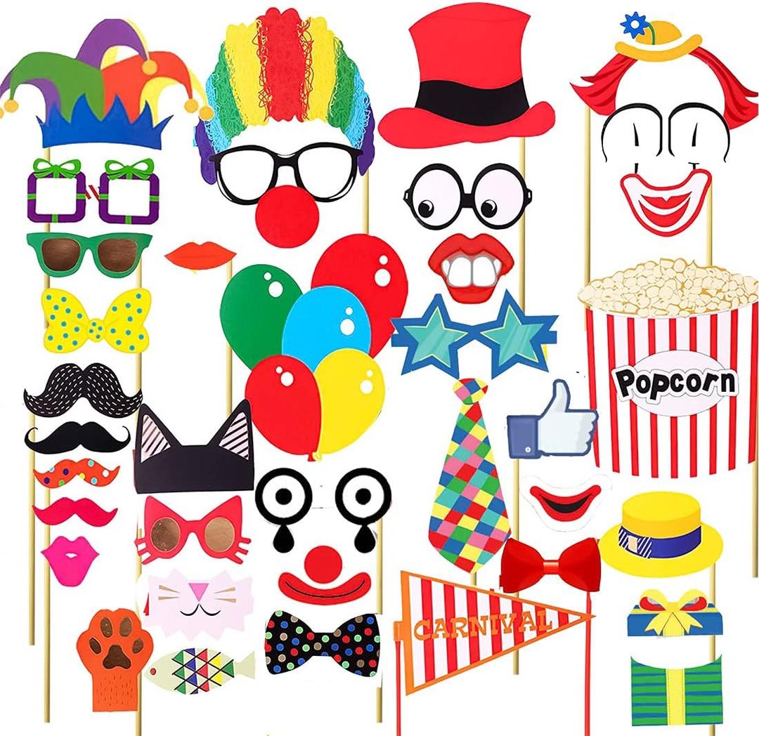 36pcs Circus Photo Booth Props with Sticker Funny Carnival Theme Party Decorations for Birthday Party