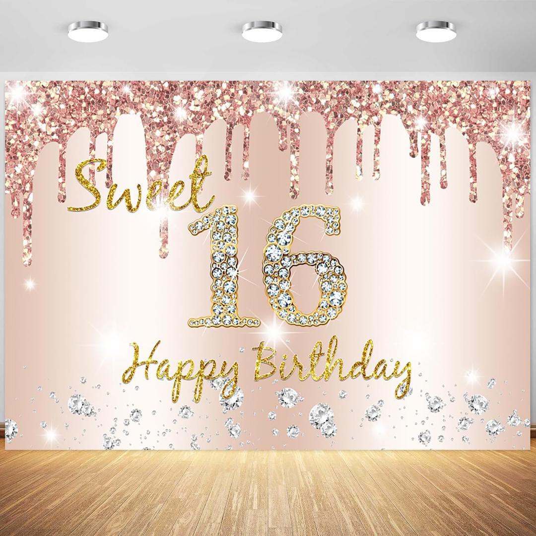 10x8ft Rose Gold Sweet 16 Backdrop for Girls Happy 16th Birthday Photography Background Sweet 16 Birthday Party Cake Table Banner Decoration Supplies Photo Booth Props