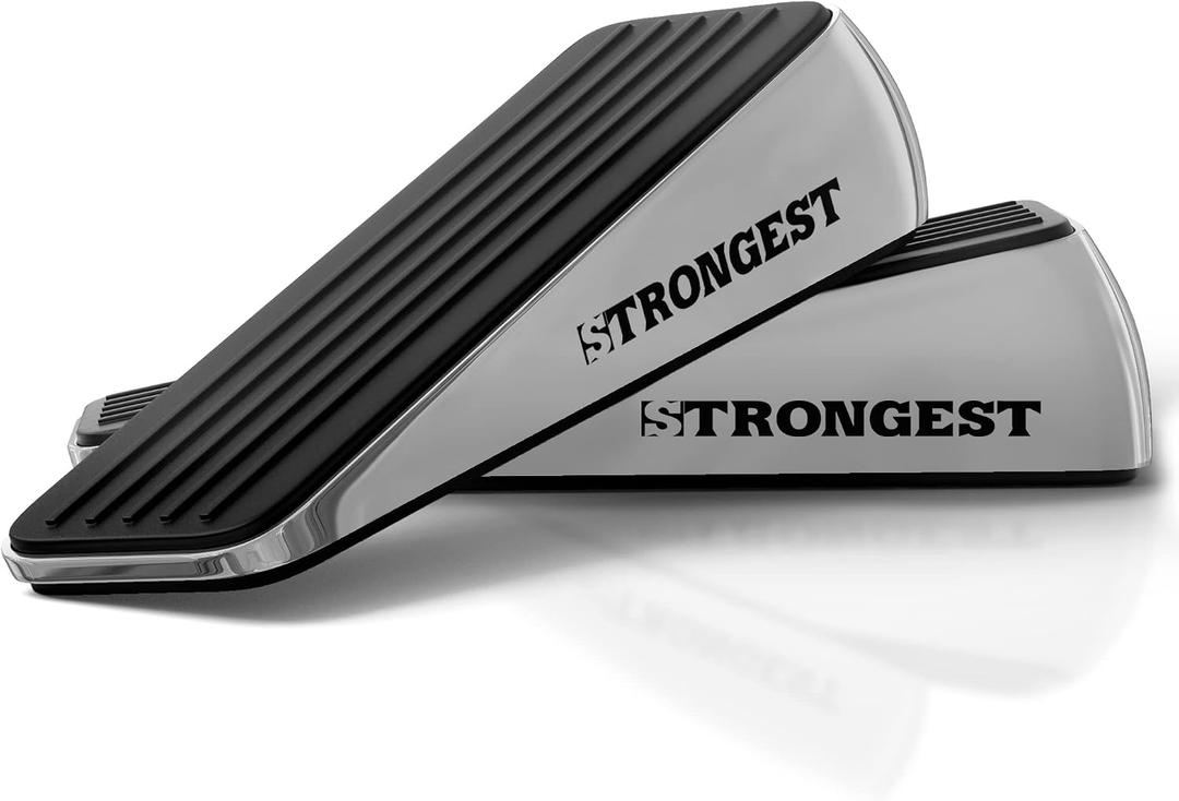 Strongest Home Heavy Duty Door Stopper Wedge (2 Chrome PCs) | Non-Slip Rubber and Metal Door Stop for Heavy Doors | Work on Wood, Tile, Carpet + 2 White Wall Protectors