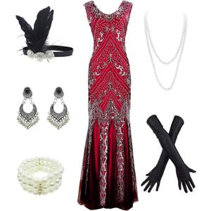 Women 1920S Gatsby Sequin Mermaid Formal Evening Dress with 20s Accessories Costume (3X-Large, Style-8 Silver&red)