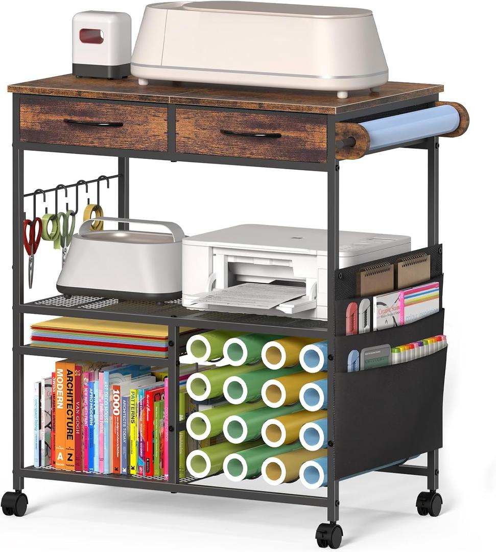 Rolling Craft Cart with 16 Vinyl Roll Holders, Craft Workstation Table with Drawers & Storage, Mobile Craft Cart Compatible with Cricut Machines, with Hooks & Shelves for Craft Room, Home, DIY (Brown)