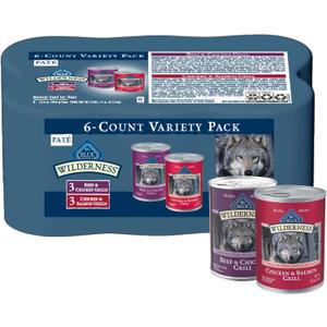 Blue Buffalo Wilderness High Protein Beef and Chicken & Salmon and Chicken Wet Dog Food Variety Pack for Adult Dogs, Grain-Free, 12.5 oz Cans (6 Pack) (EXP 09/09/28)