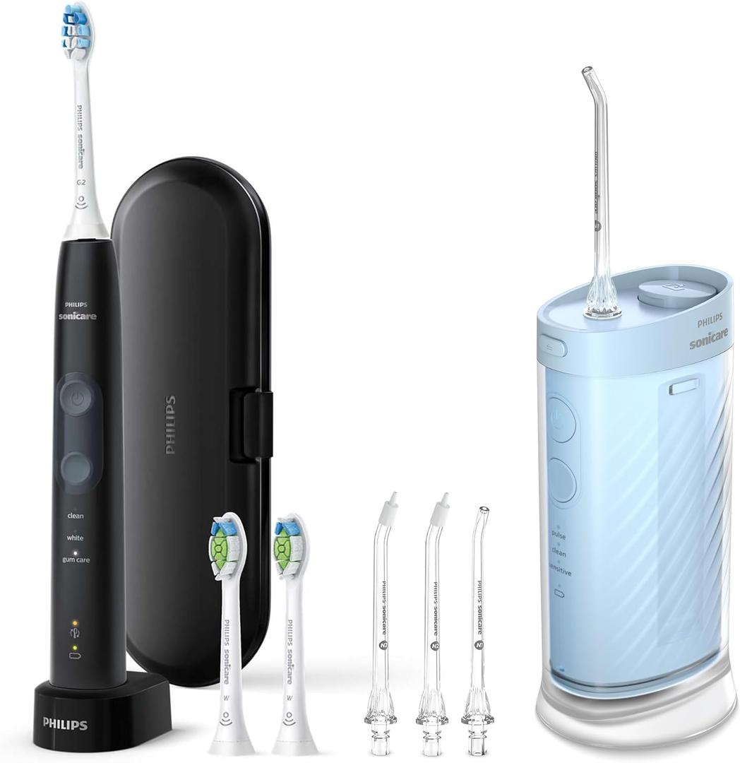 Philips Sonicare Compact Flosser 1000, Blue, ProtectiveClean 5300 Rechargeable Electric Toothbrush and 2PK Compact Nozzle Bundle