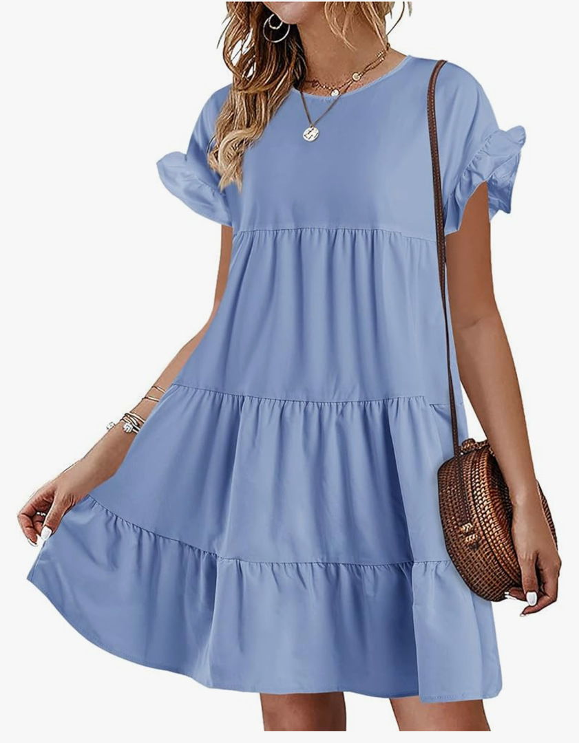 Chuanqi Womens Ruffles Boho Floral Printed Babydoll Loose Swing Casual Short Mini T-Shirt Dress Size 160