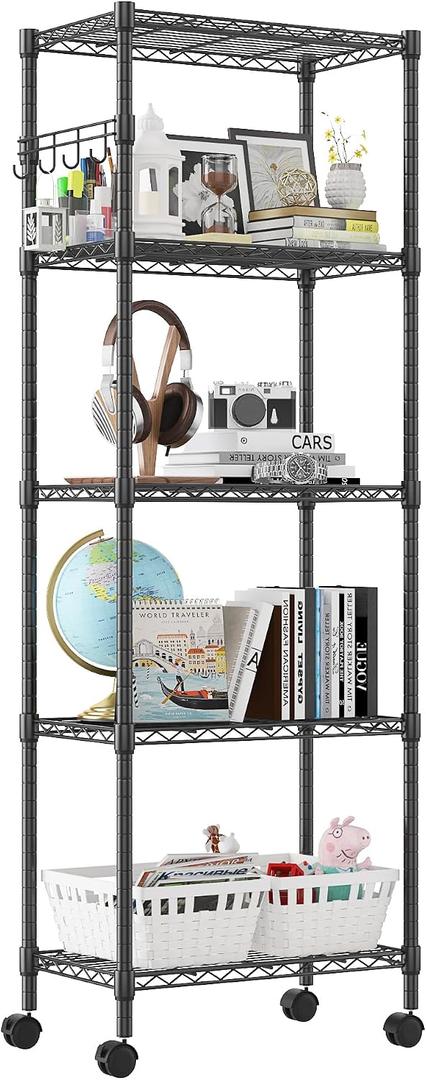 Homdox 5 Tier Wire Shelving Unit on Wheels, Adjustable Storage Racks and Shelving, Heavy Duty Rolling Metal Shelves with Side Hooks for Laundry Bathroom Kitchen Garage Pantry Organization, Black, 23.23*13.78*72.05 Inch