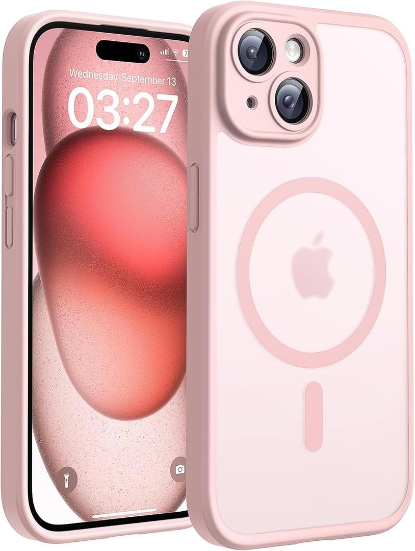 TOCOL Magnetic for iPhone 15 Case, Upgraded Full Camera Protection, Compatible with Magsafe, Drop Protection, Translucent Matte Back Bumper Phone Cover 6.1-Inch (Light Pink)