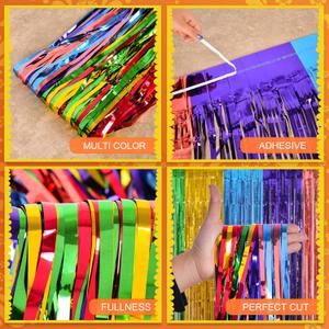 Mega-L Fiesta Party Decorations, 2 Pack Day of The Dead Foil Fringe Curtains Backdrop, 3.3x6.6ft Mexican Themed Tinsel Streamers,Taco Party Photo Booth Props, Dia De Los Muertos Cinco de Mayo Decor