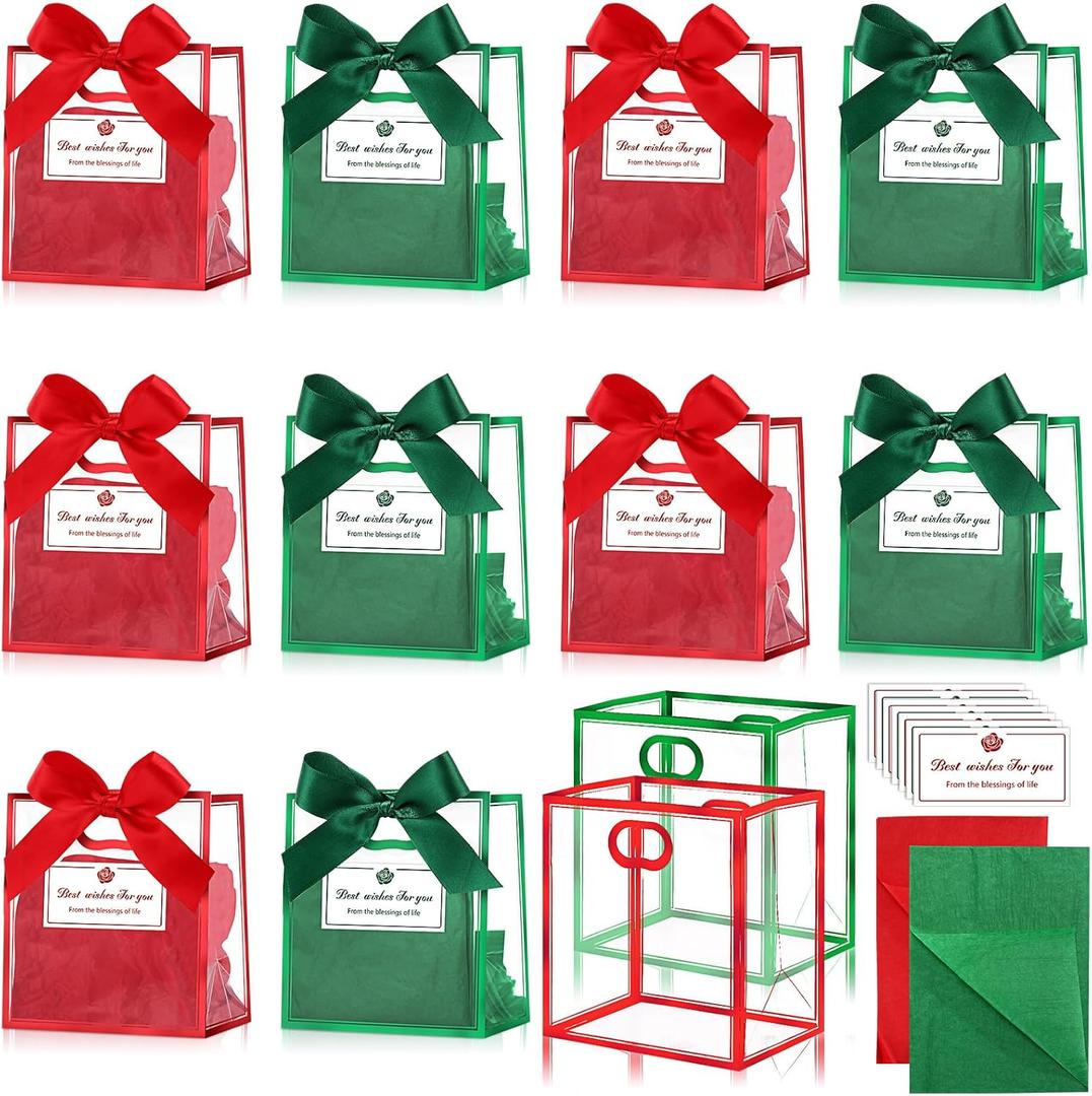 Tenare 12 Pack 42.84.5 Inch Mini Clear Plastic Gift Bags with Handles Valentines Extra Small Transparent Party Favor Bags Bulk with Ribbon Tissue Paper for Wedding Party Supplies(Red and Green)