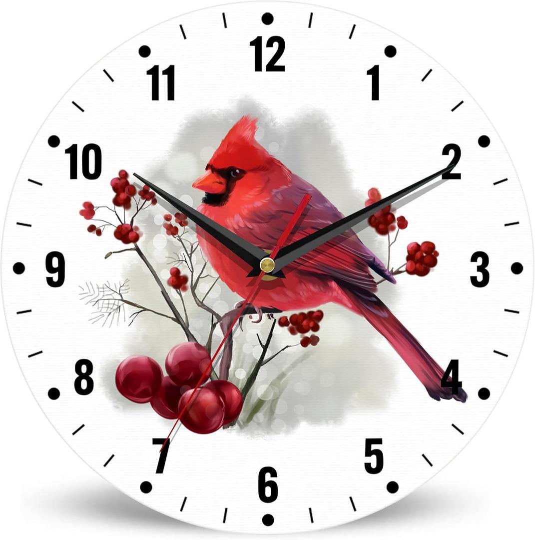 SPUNKER Wall Clock, Red Cardinal Bird Wall Clocks for Living Room Decor, Watercolor Berry Kitchen Clocks Wall Battery Operated - 10 Inch Round Bathroom Wall Clock Silent Non-Ticking