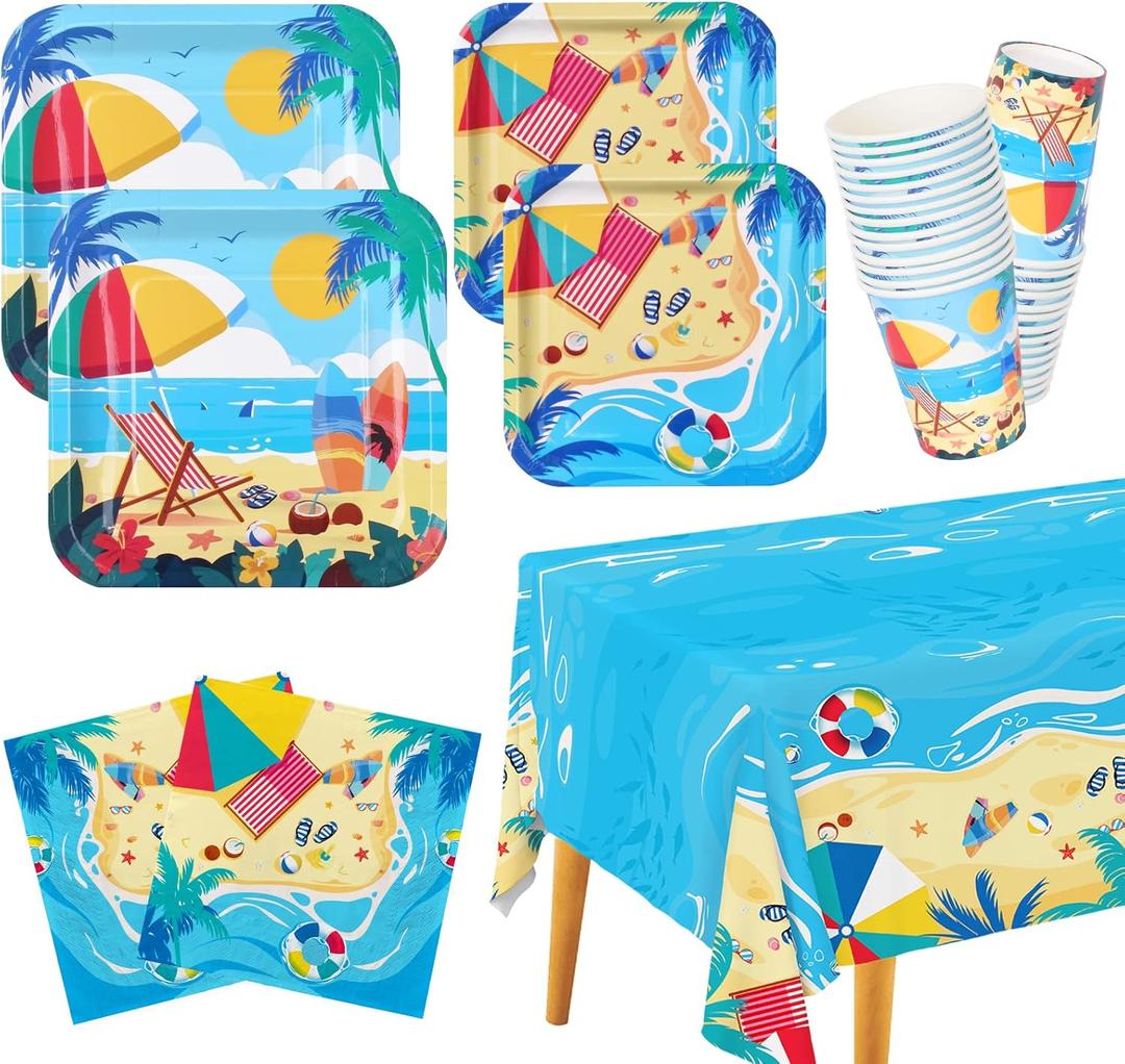 Beach Theme Party Supplies, Summer Pool Pack Includes: Paper Dinner Plates, Dessert Plates, Luncheon Napkins, Cups and Tablecloth for Hawaiian Party Birthday Decorations, Serve 25