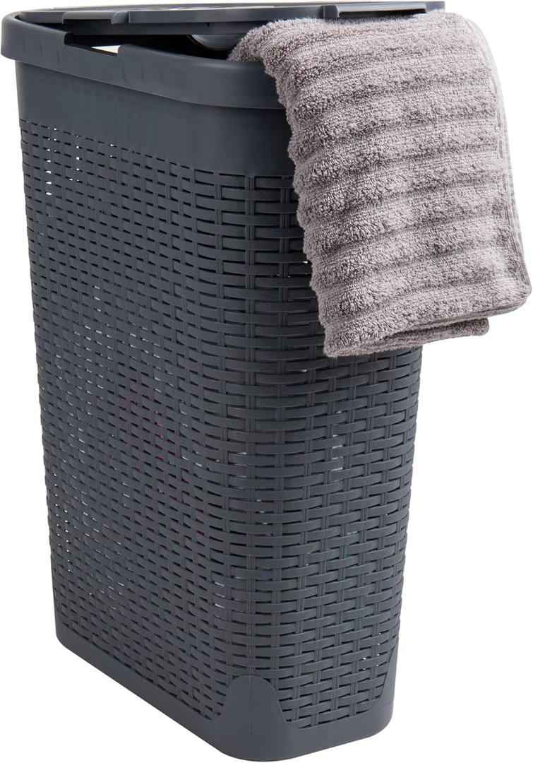 Mind Reader Slim Laundry Hamper with Lid, 40L Clothes Basket, Premium Wicker Design, Plastic, Gray (Single)