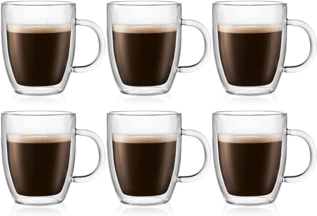 Bodum 10oz Bistro Double Wall Insulated Mug, High-Heat Borosilicate Glass, Set of 6, Clear